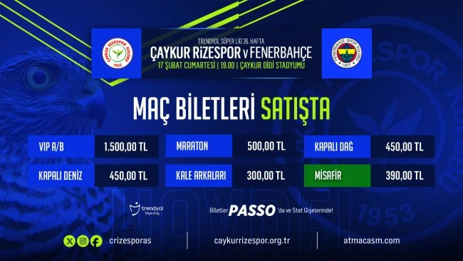 Çaykur Rizespor – Fenerbahçe Maçı Biletleri Satışa Çıktı