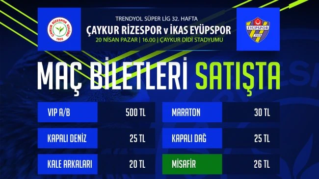 Rizespor – Eyüpspor Karşılaşmasına Geri Sayım: Biletler Satışta